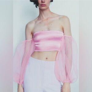 Zara Pink Sheer Sleeve Crop Top